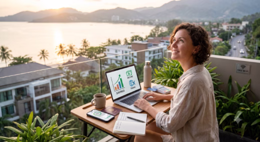 Digital Nomad works by the ocean and mountains 